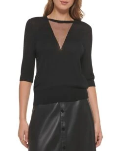 DKNY Short Sleeve Mesh V Crew Neck Sweater